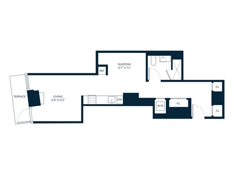 Floor plan for studio, 1 bath, 538 sqft